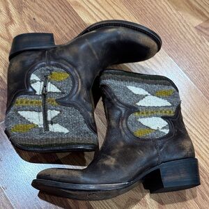 Freebird Distressed Brown Ankle Boots with Geometric Fabric